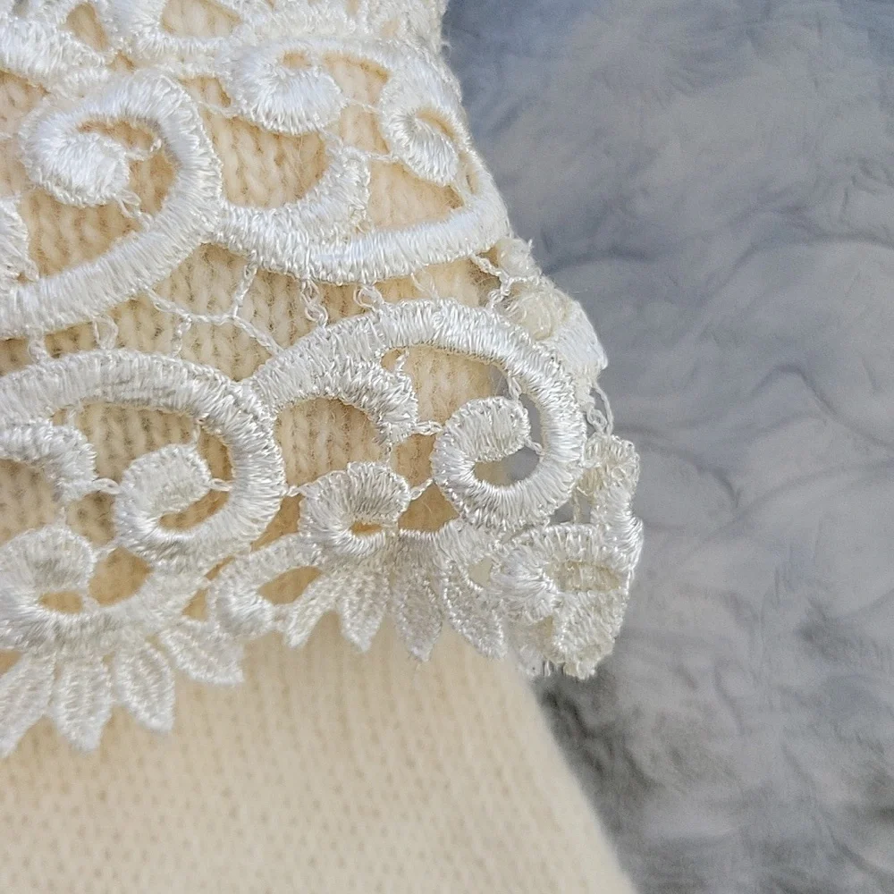 Carolina Amato Wool Angora Rabbit Hair Ivory Knit Laced Gloves sz.8 New